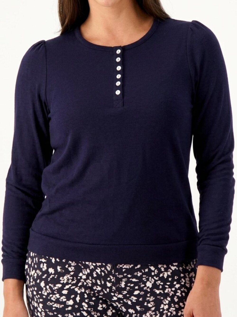 SPLENDID ANTHROPOLOGIE ANTHRO Waffle Mixed Puff Sleeve Top Navy Blue Henley Knit